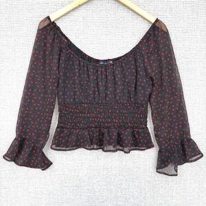 Abercrombie & Fitch Floral‎ Smocked Ruffle Long Sleeve Top Black Red XS Y2K 90s